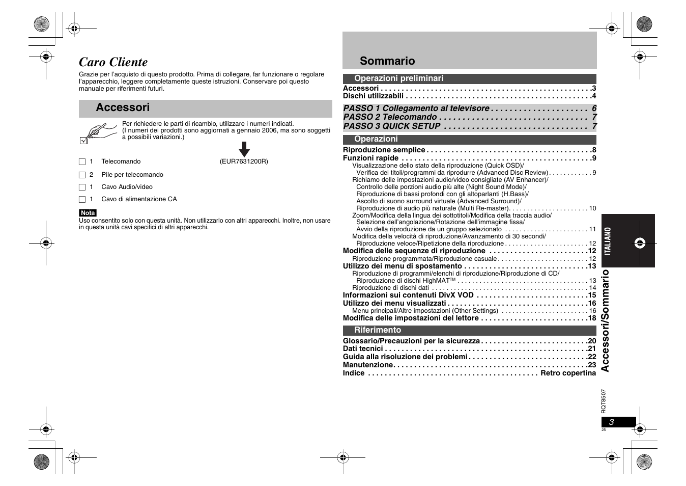 Caro cliente, Accessori sommario, Accessor i/ somm ar io | Panasonic DVDS42 User Manual | Page 25 / 68