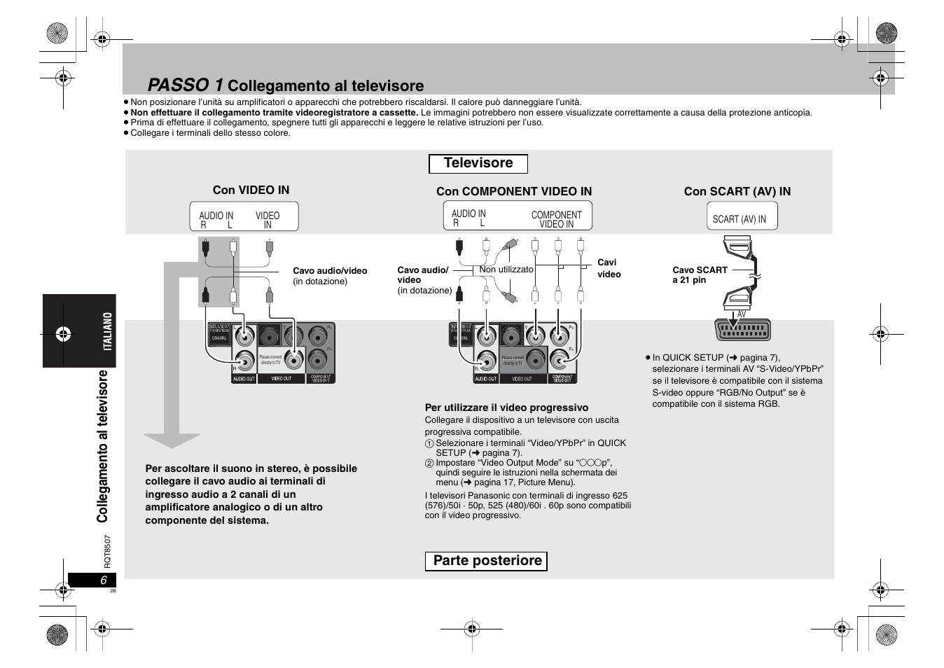 Passo 1, Collegamento al televisore, Televisore | Panasonic DVDS42 User Manual | Page 28 / 68