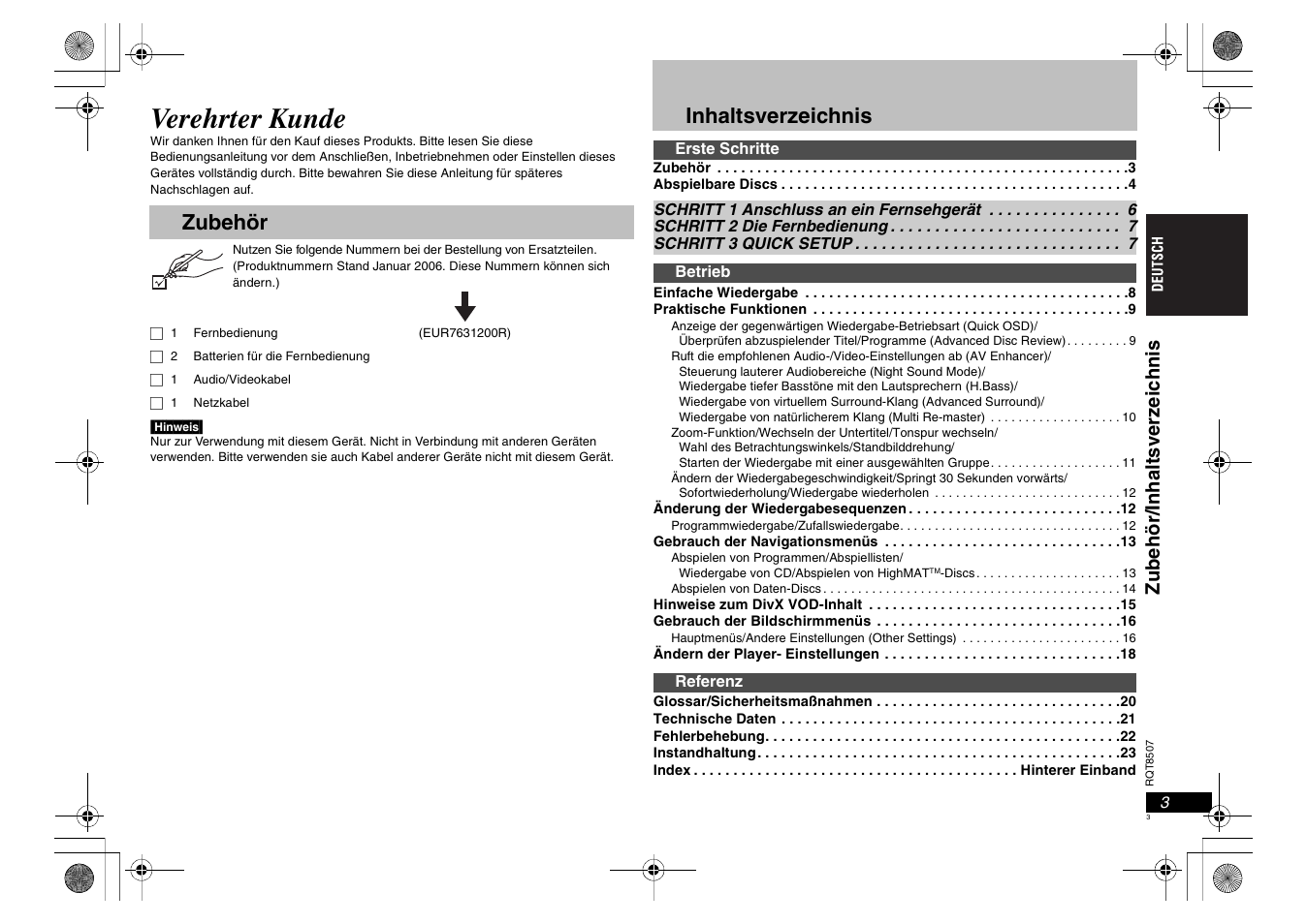 Verehrter kunde, Zubehör inhaltsverzeichnis, Zubehör/ inh alt sverzeic hni s | Panasonic DVDS42 User Manual | Page 3 / 68