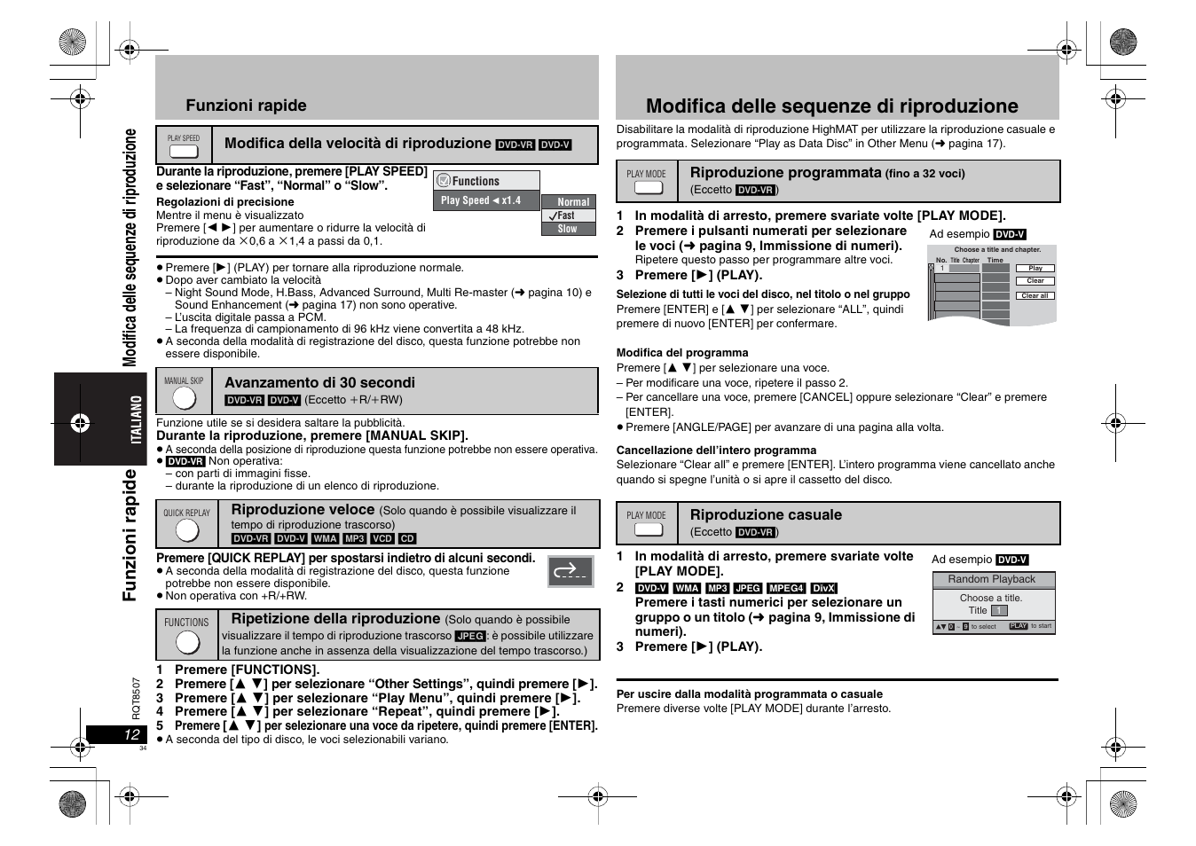 Modifica delle sequenze di riproduzione, Funzioni rapide | Panasonic DVDS42 User Manual | Page 34 / 68