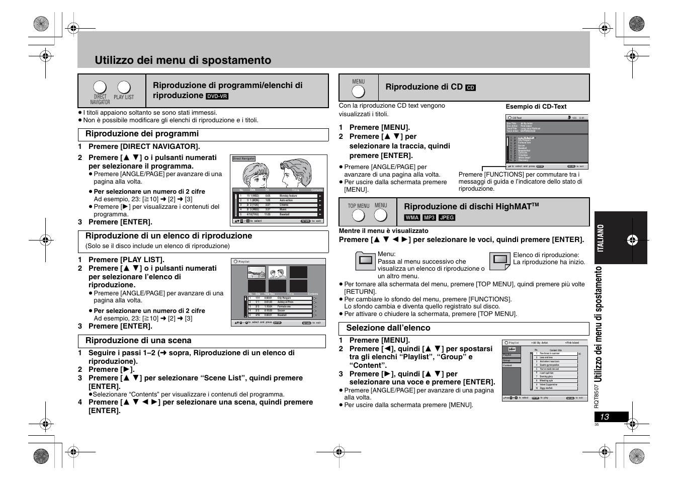Utilizzo dei menu di spostamento, Utili zzo de i m en u di s pos ta me nt o, Riproduzione di programmi/elenchi di riproduzione | Riproduzione di una scena, Riproduzione di cd, Riproduzione di dischi highmat, Selezione dall’elenco | Panasonic DVDS42 User Manual | Page 35 / 68