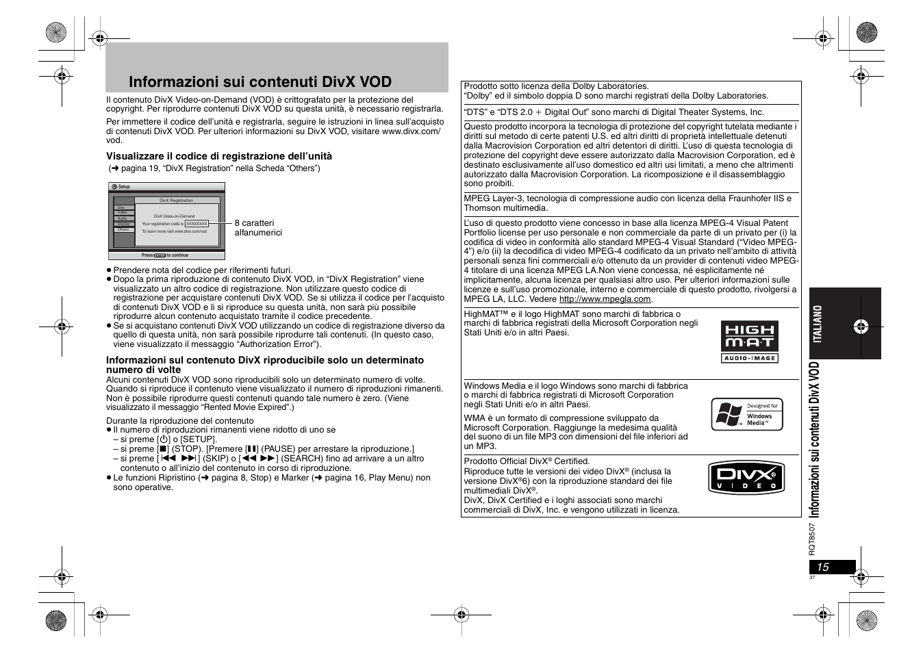 Informazioni sui contenuti divx vod | Panasonic DVDS42 User Manual | Page 37 / 68