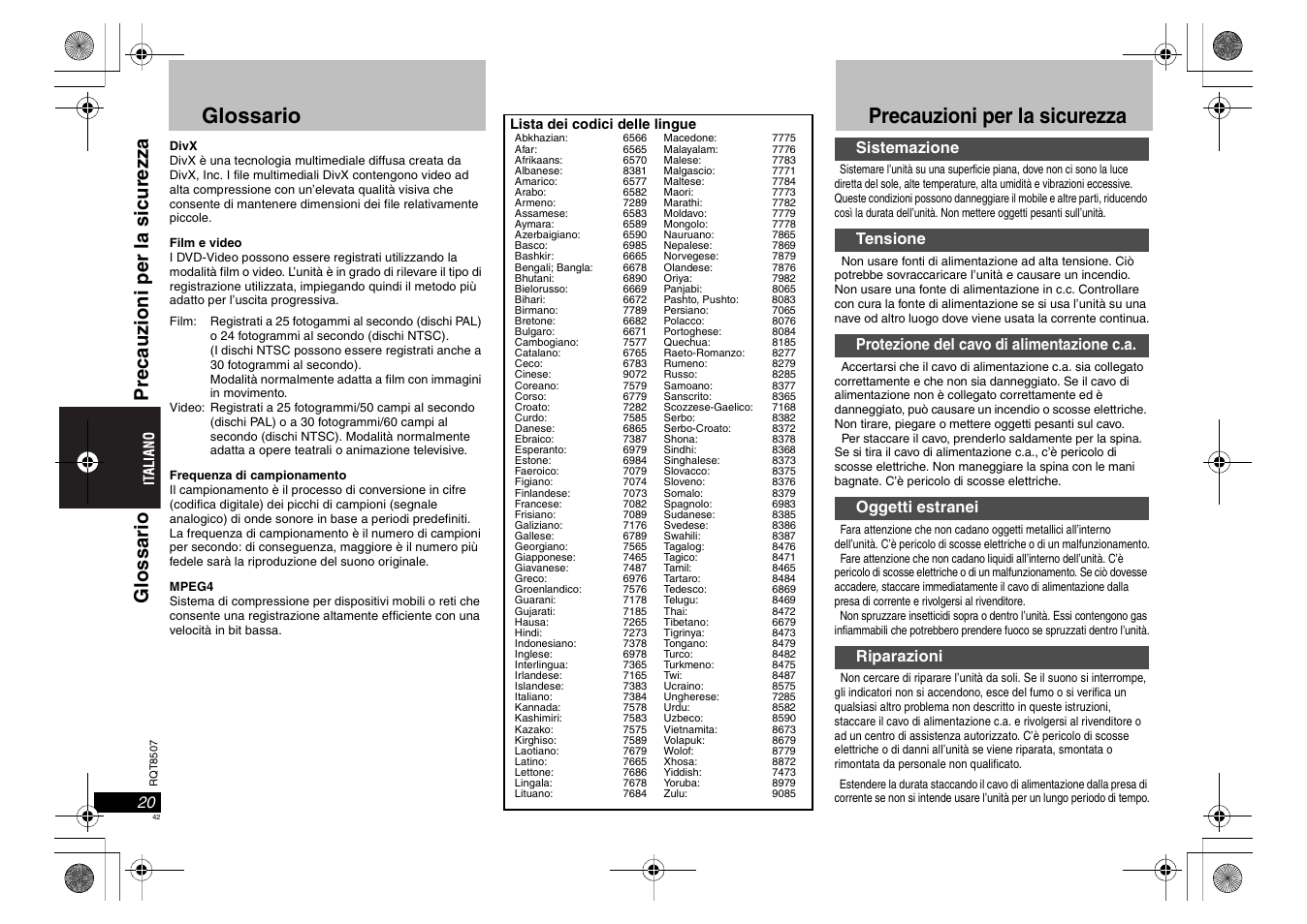 Glossario, Precauzioni per la sicurezza | Panasonic DVDS42 User Manual | Page 42 / 68