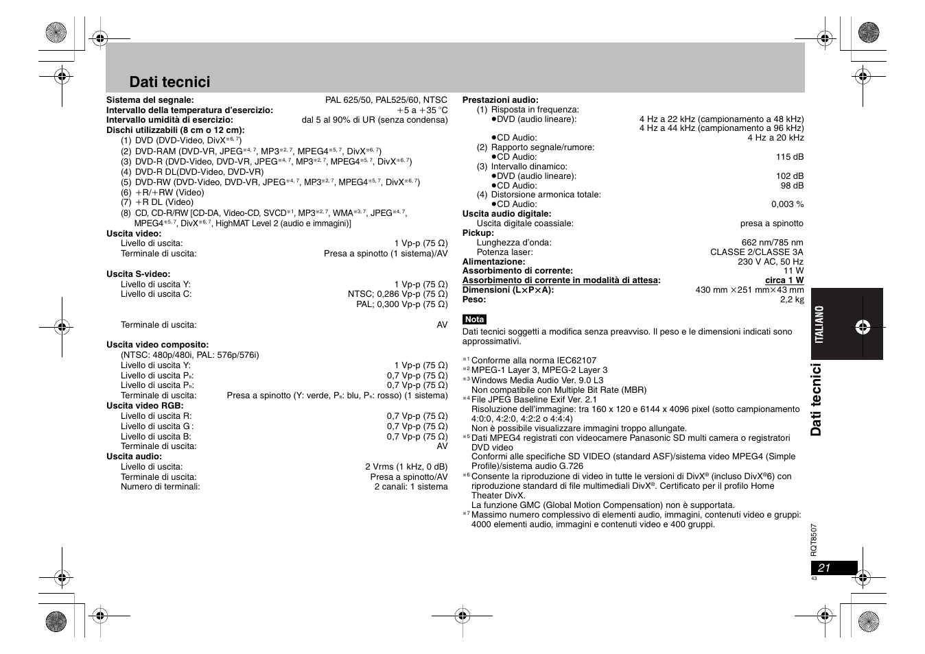 Dati tecnici, Dati t ecni ci | Panasonic DVDS42 User Manual | Page 43 / 68