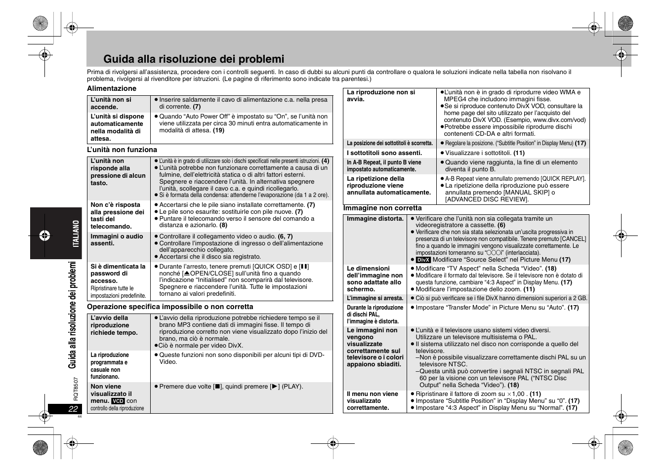 Guida alla risoluzione dei problemi, Guid a all a r iso lu zi on e d ei pr ob lem i | Panasonic DVDS42 User Manual | Page 44 / 68