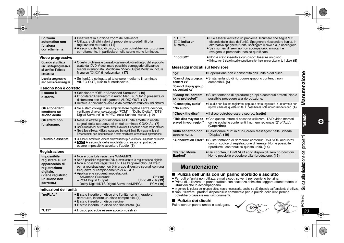 Manutenzione | Panasonic DVDS42 User Manual | Page 45 / 68