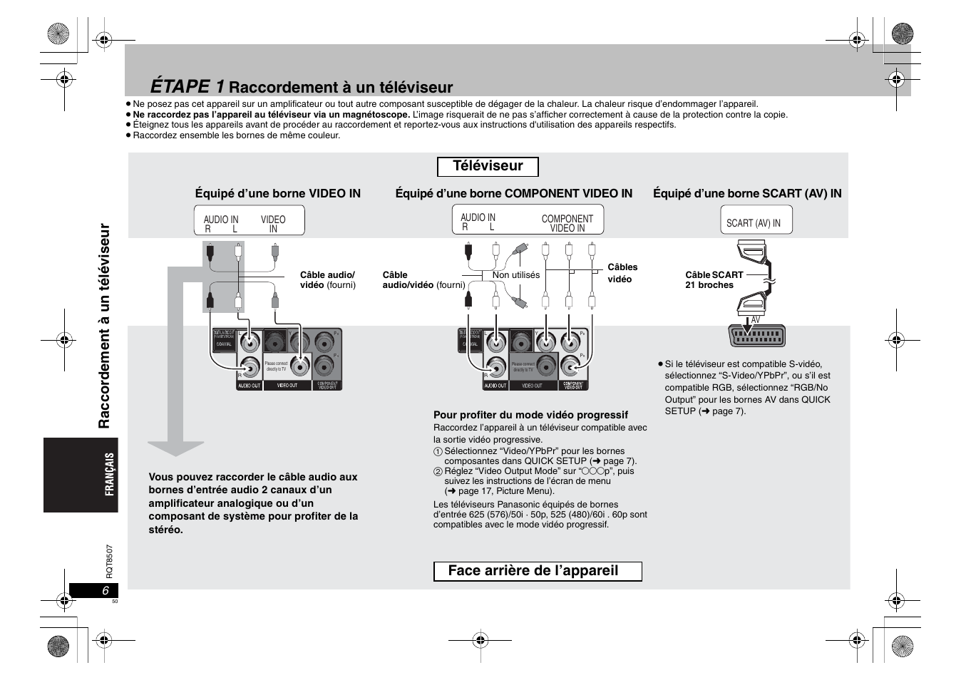 Étape 1, Raccordement à un téléviseur, Téléviseur | Panasonic DVDS42 User Manual | Page 50 / 68
