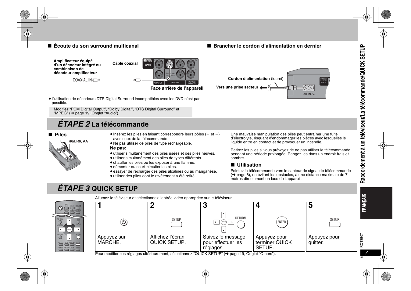 Étape 2, Étape 3, La télécommande | Quick setup | Panasonic DVDS42 User Manual | Page 51 / 68