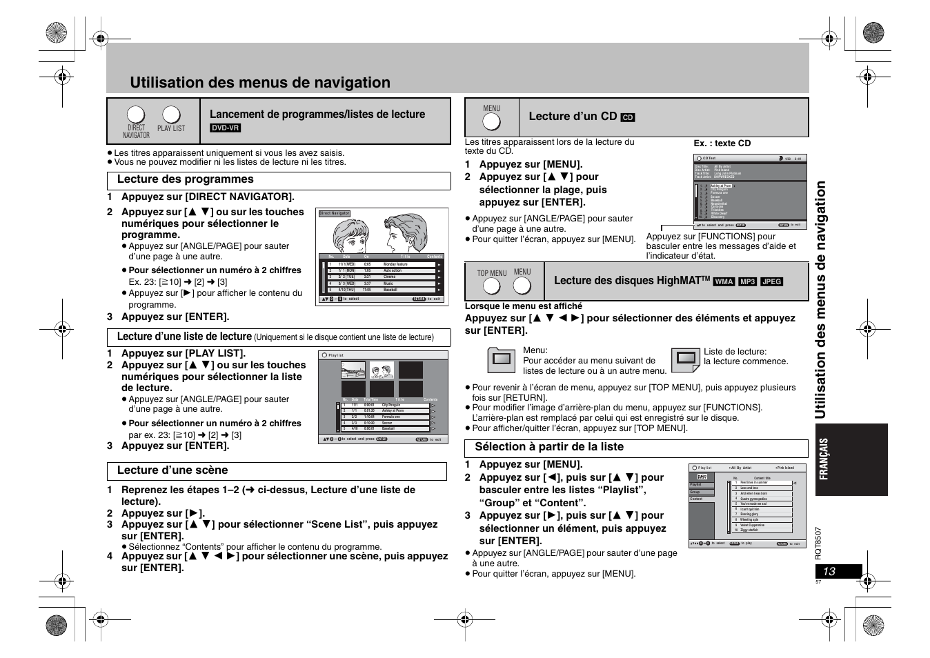 Utilisation des menus de navigation, Uti li sati on des men us de na vi gati o n, Lancement de programmes/listes de lecture | Lecture d’une scène, Lecture d’un cd, Lecture des disques highmat, Sélection à partir de la liste | Panasonic DVDS42 User Manual | Page 57 / 68