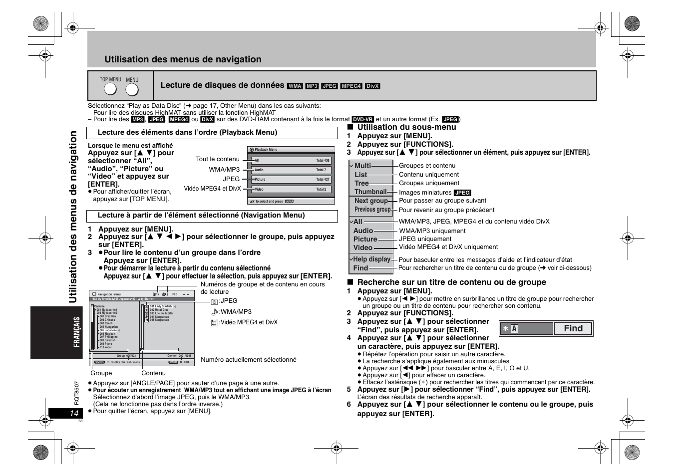 Uti li sati on des men us de na vi gati o n, Utilisation des menus de navigation | Panasonic DVDS42 User Manual | Page 58 / 68