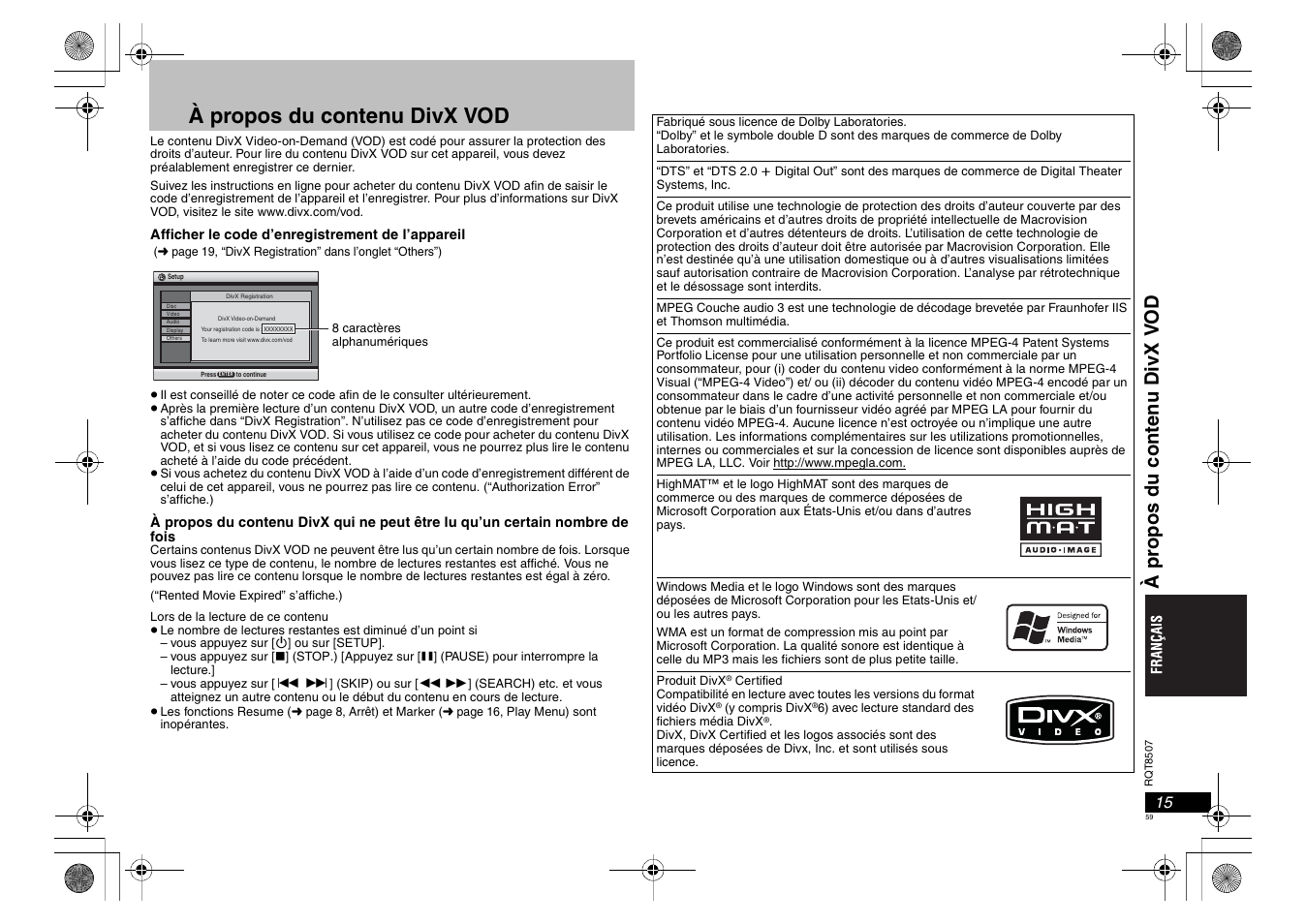À propos du contenu divx vod, Àpr opos du conte n u di vx v o d | Panasonic DVDS42 User Manual | Page 59 / 68