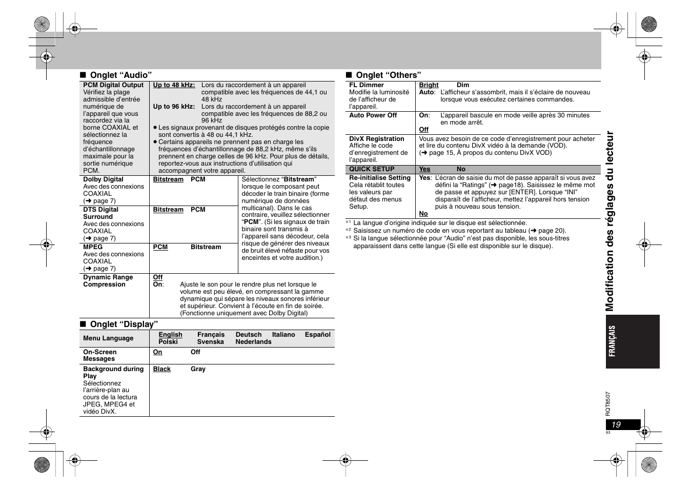 Modi fi cat ion des régl a g es du lect eur | Panasonic DVDS42 User Manual | Page 63 / 68