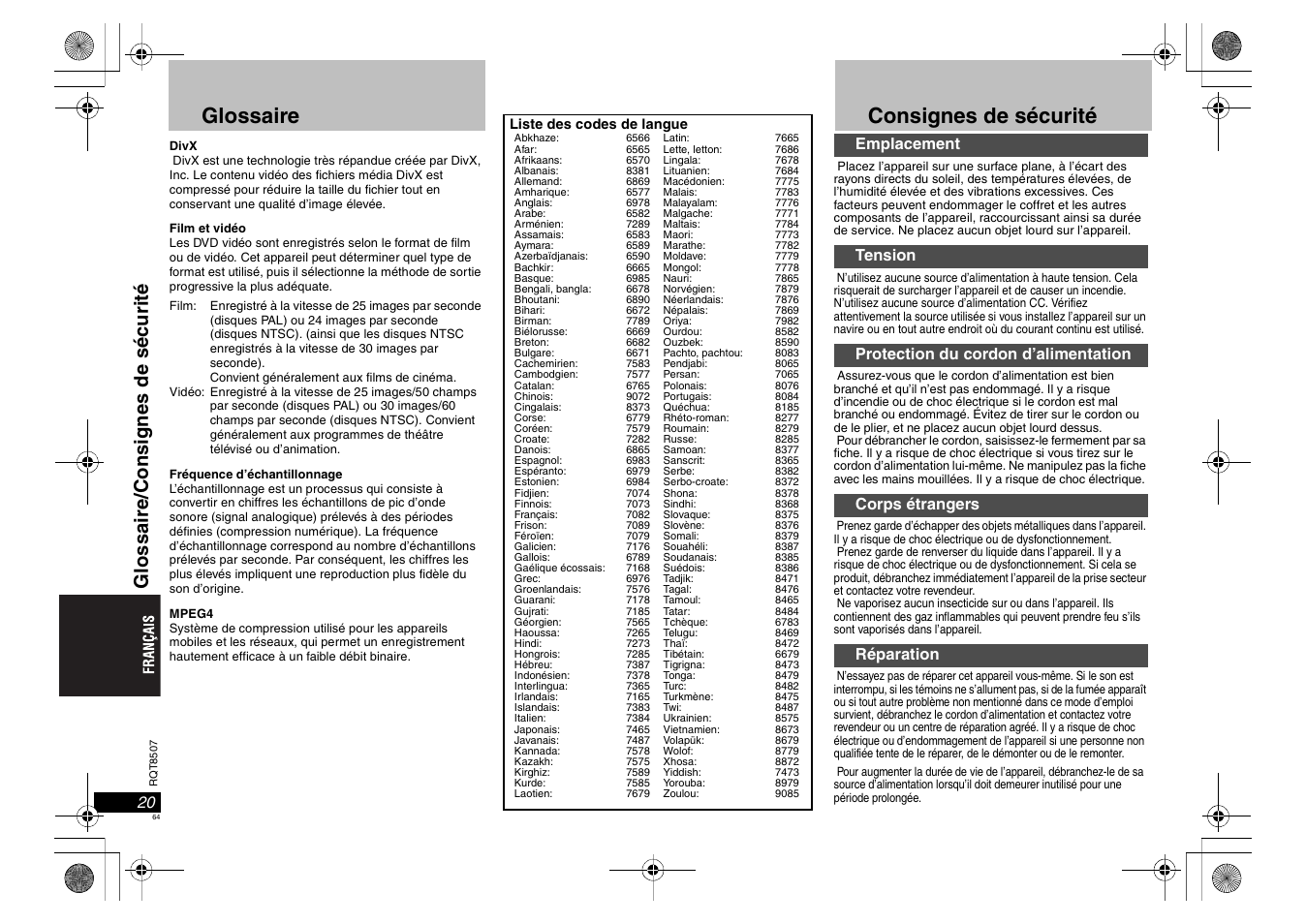 Glossaire, Consignes de sécurité, Glossai re/ c onsig nes de sécur it é | Panasonic DVDS42 User Manual | Page 64 / 68