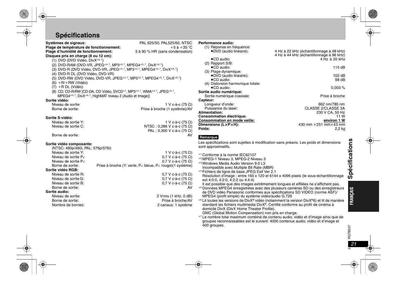 Spécifications, Spécif ica ti ons | Panasonic DVDS42 User Manual | Page 65 / 68