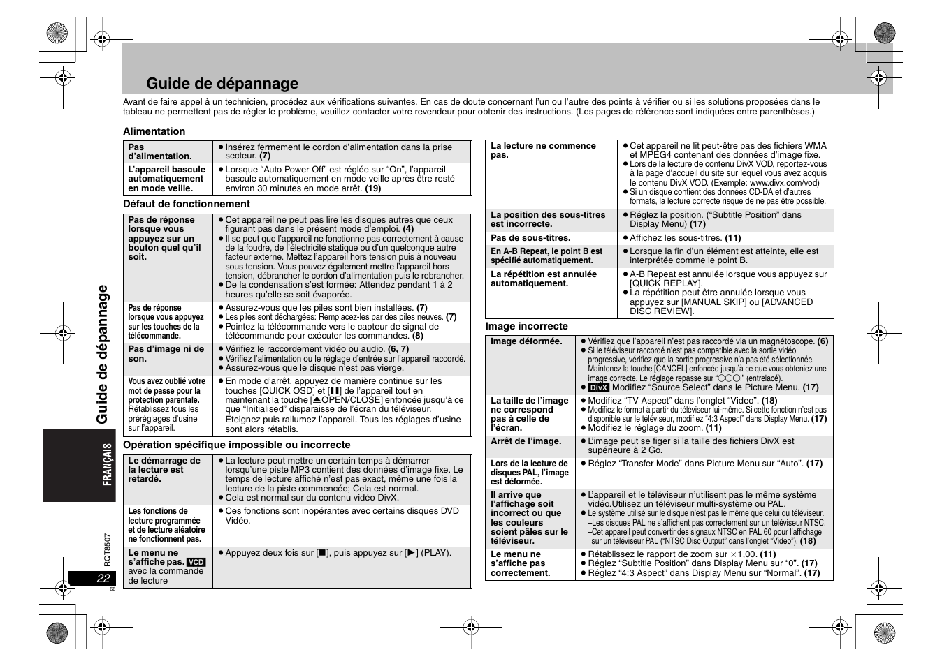Guide de dépannage, Gu ide de dé panna g e | Panasonic DVDS42 User Manual | Page 66 / 68