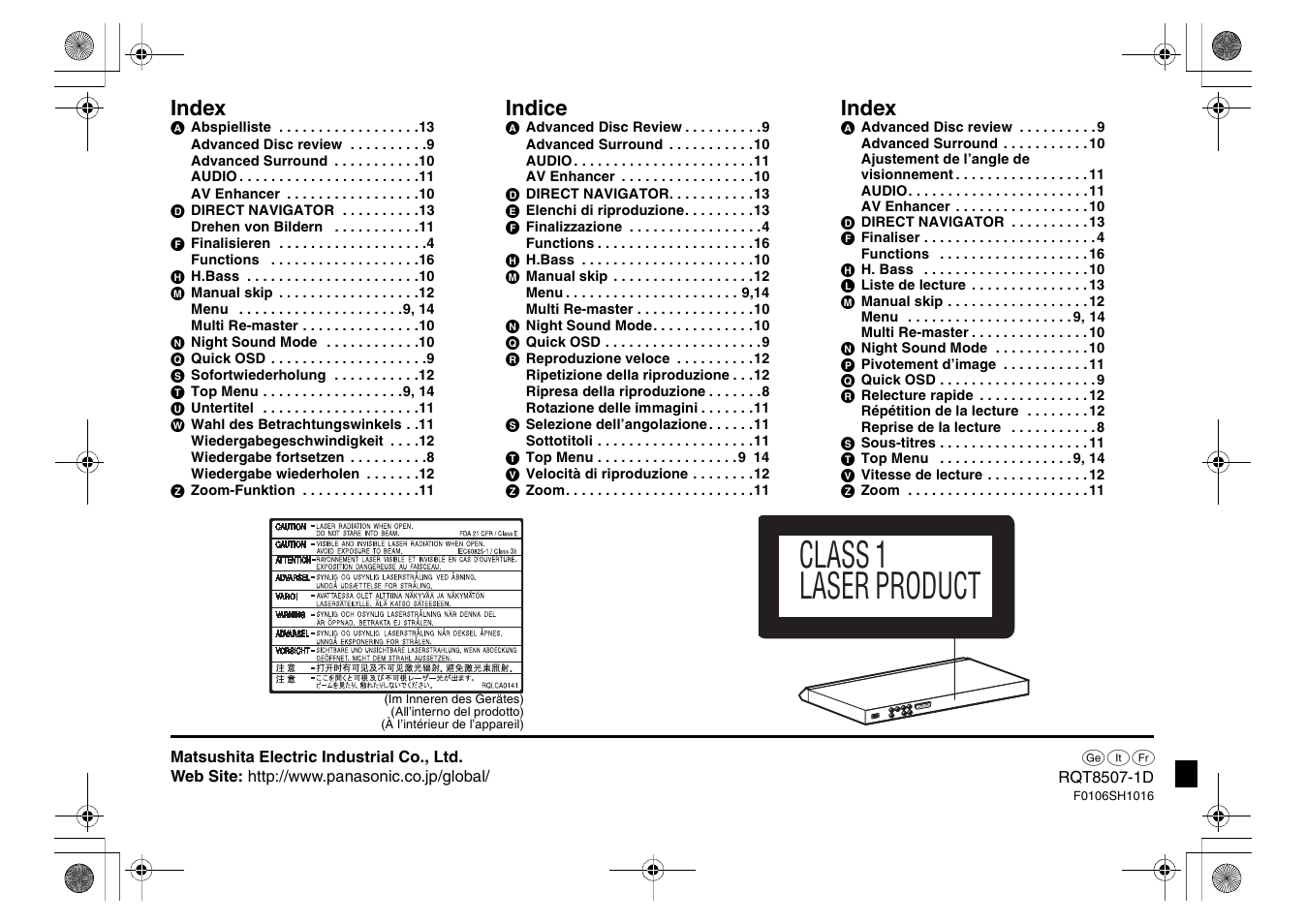 Class 1 laser product, Index, Indice | Panasonic DVDS42 User Manual | Page 68 / 68