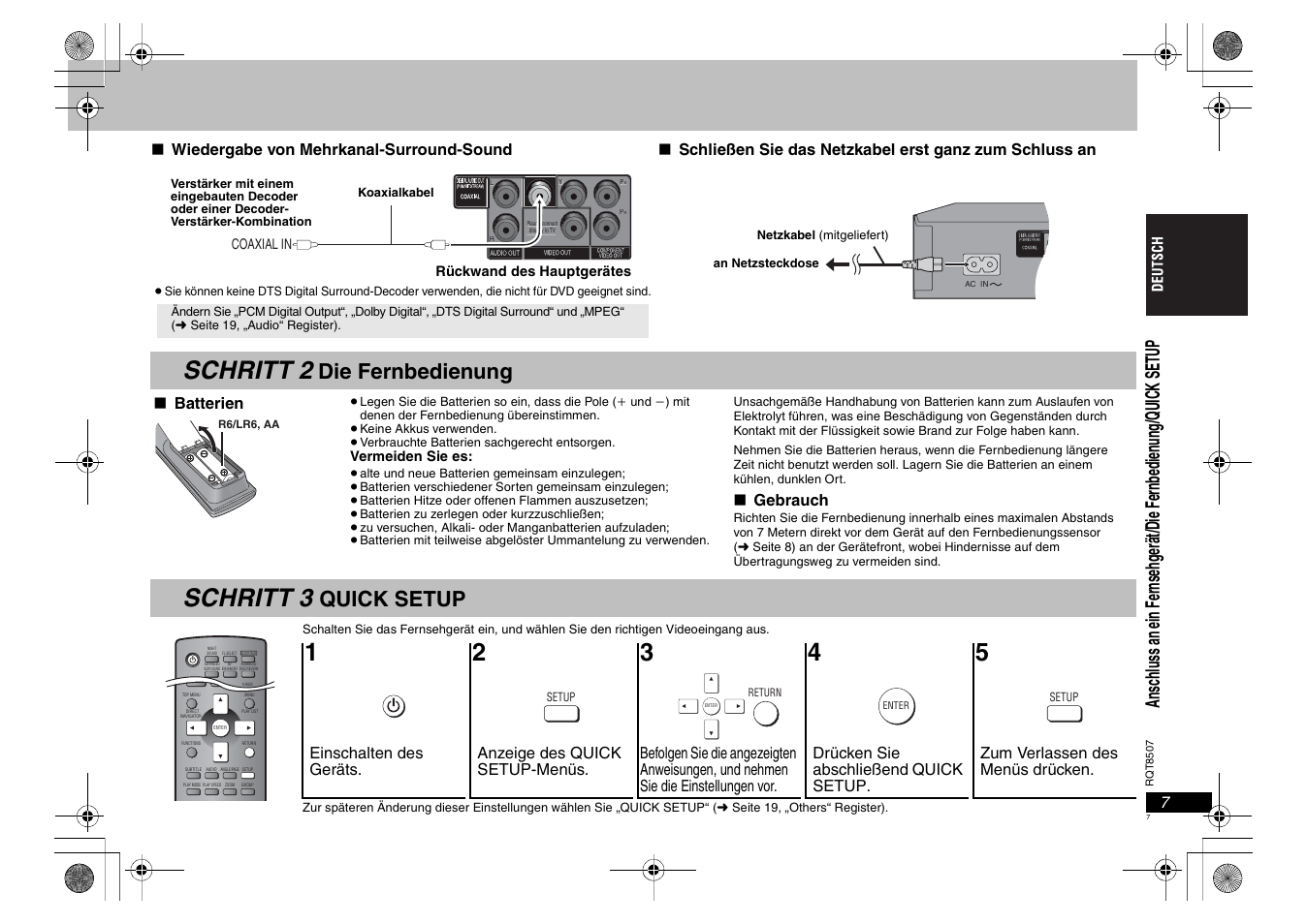 Schritt 2, Schritt 3, Die fernbedienung | Quick setup | Panasonic DVDS42 User Manual | Page 7 / 68