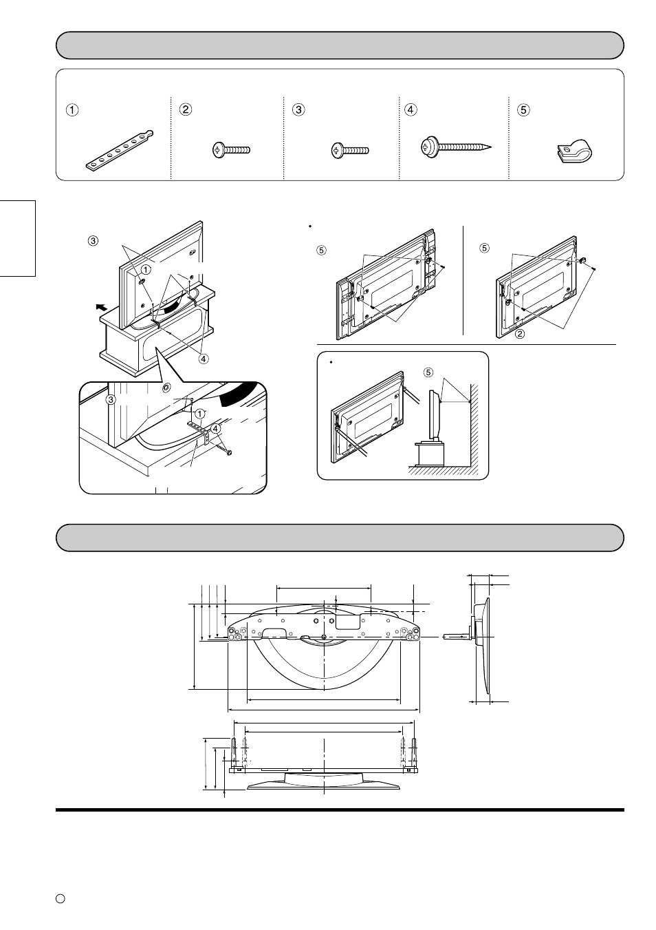 Die konsole sichern, um umkippen zu verhindern, Abmessungen, Bauteile für den zusammenbau | Matsushita electric industrial co., ltd | Panasonic TYST10M User Manual | Page 14 / 46