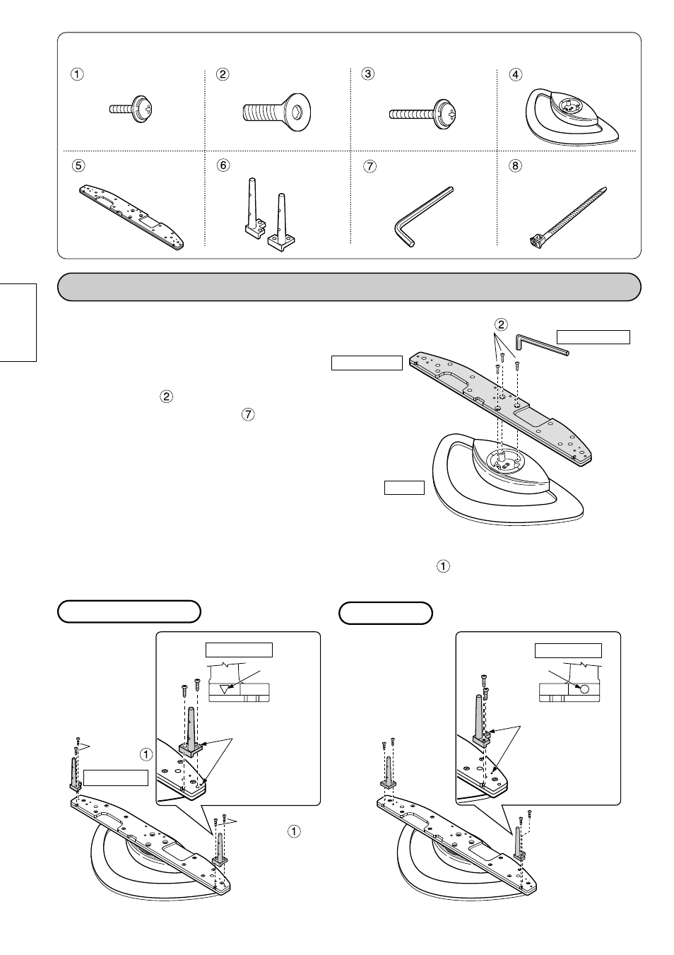 Montage van de standaard, Bevestig de onderplaat op de voet, Montage-onderdelen | Bevestig de insteekpennen. 1 | Panasonic TYST10M User Manual | Page 16 / 46