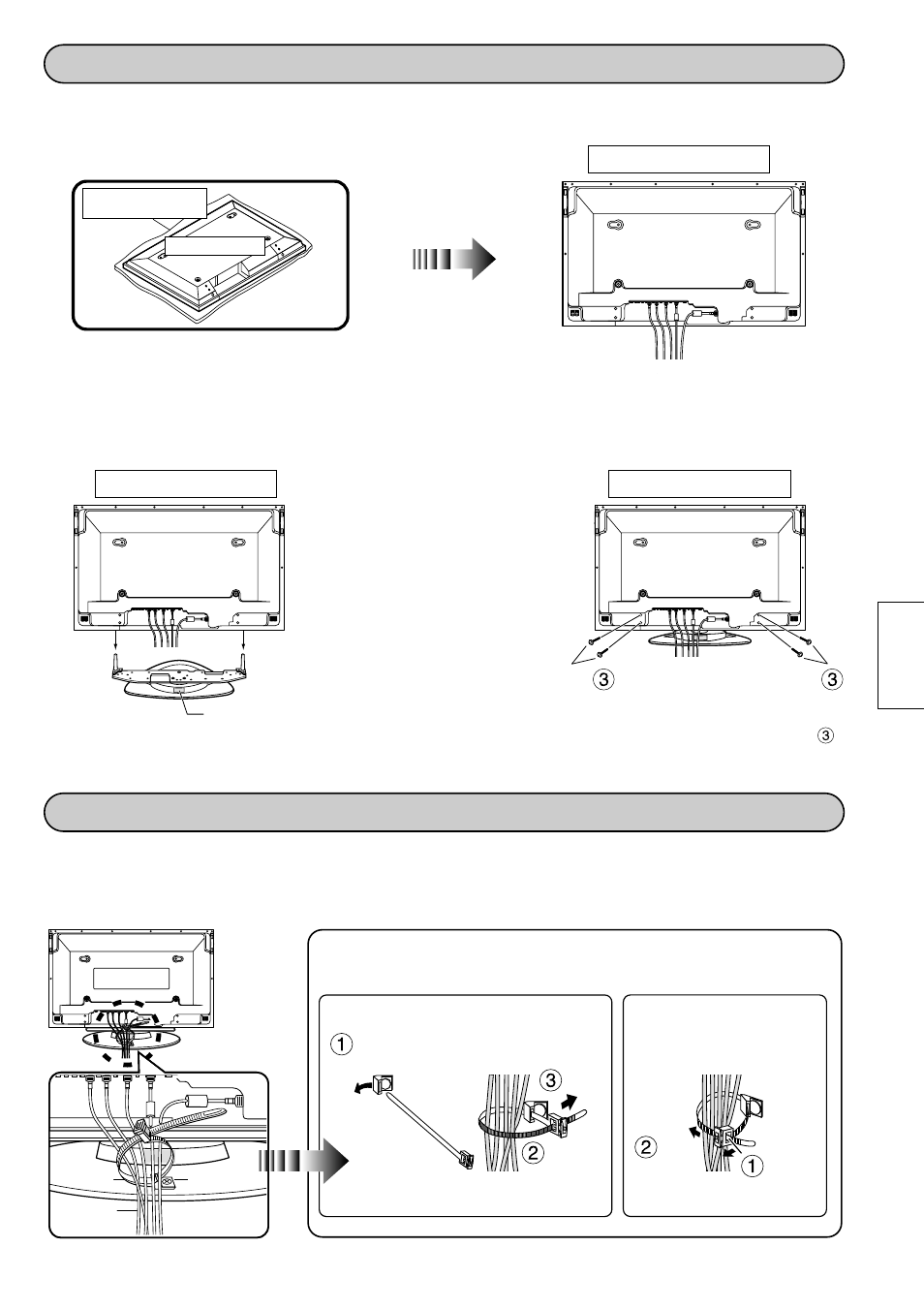 Fixez la console de l'écran, Attachez les câbles de connexion à l’écran, Instructions de mise en place des serre-câble | Panasonic TYST10M User Manual | Page 25 / 46