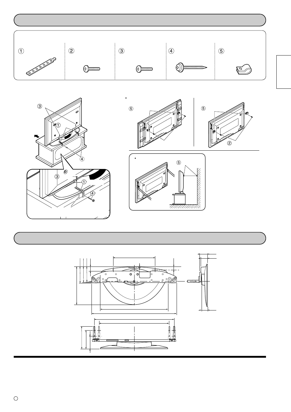 Secure the console to prevent tipping, Dimension diagram, Parts for assembly | Attaching to a tv stand ■ attaching to a wall, Matsushita electric industrial co., ltd, Black screws wood screws bands screws clamps, English, Units : mm (inches) | Panasonic TYST10M User Manual | Page 9 / 46