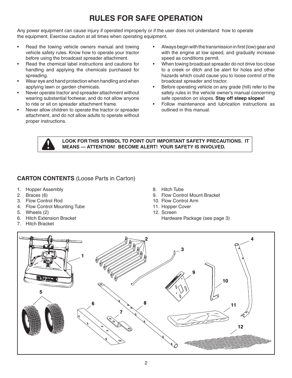 Rules for safe operation | Agri-Fab 250 LB.TOW BROADCAST SPREADER 45-03642 User Manual | Page 2 / 12