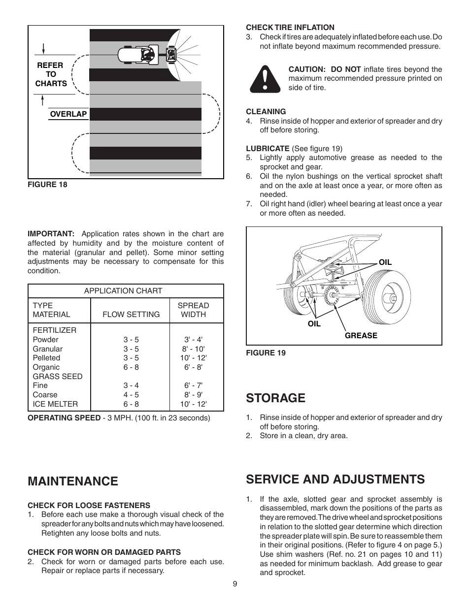 Maintenance, Storage, Service and adjustments | Agri-Fab 250 LB.TOW BROADCAST SPREADER 45-03642 User Manual | Page 9 / 12