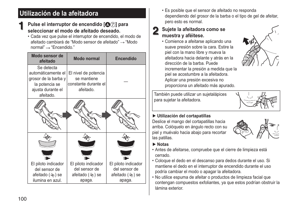 Utilización de la afeitadora | Panasonic ESST25 User Manual | Page 100 / 278