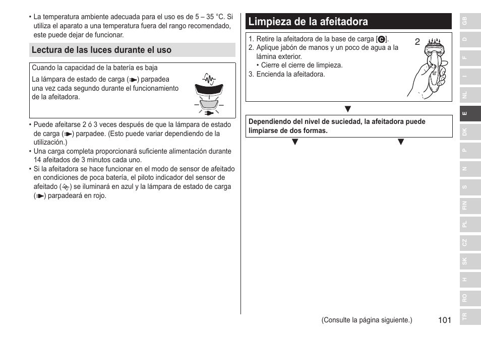 Limpieza de la afeitadora, Lectura de las luces durante el uso | Panasonic ESST25 User Manual | Page 101 / 278