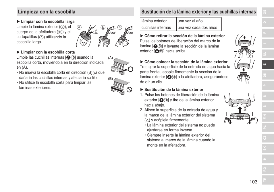 Limpieza con la escobilla | Panasonic ESST25 User Manual | Page 103 / 278