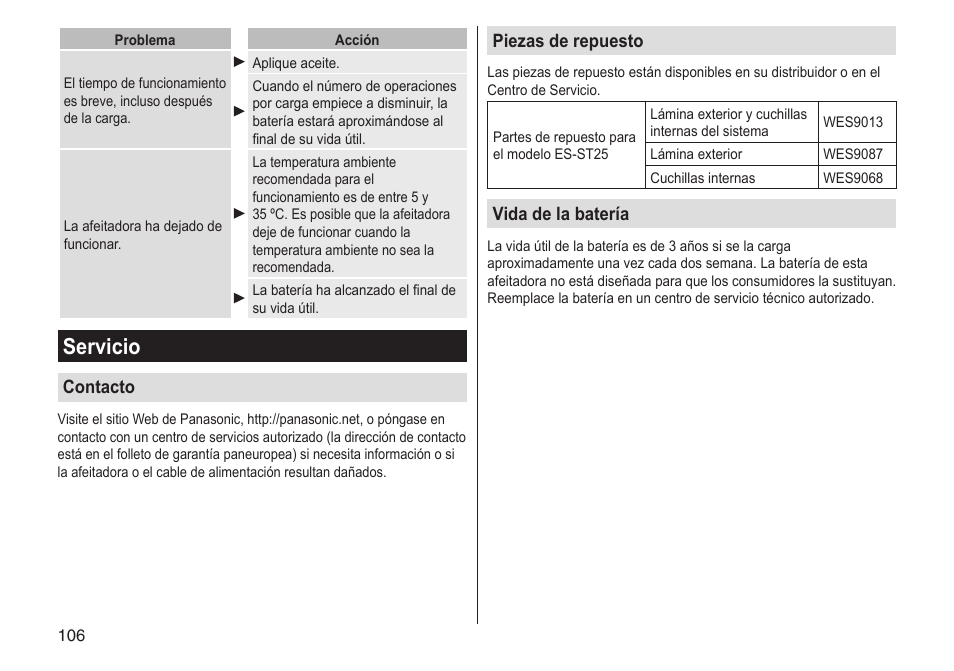 Servicio, Contacto, Piezas de repuesto | Vida de la batería | Panasonic ESST25 User Manual | Page 106 / 278
