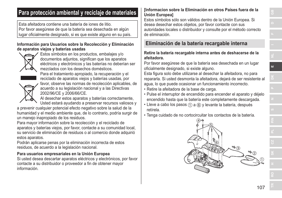 Eliminación de la batería recargable interna | Panasonic ESST25 User Manual | Page 107 / 278