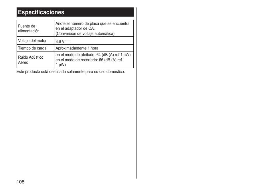 Especificaciones | Panasonic ESST25 User Manual | Page 108 / 278