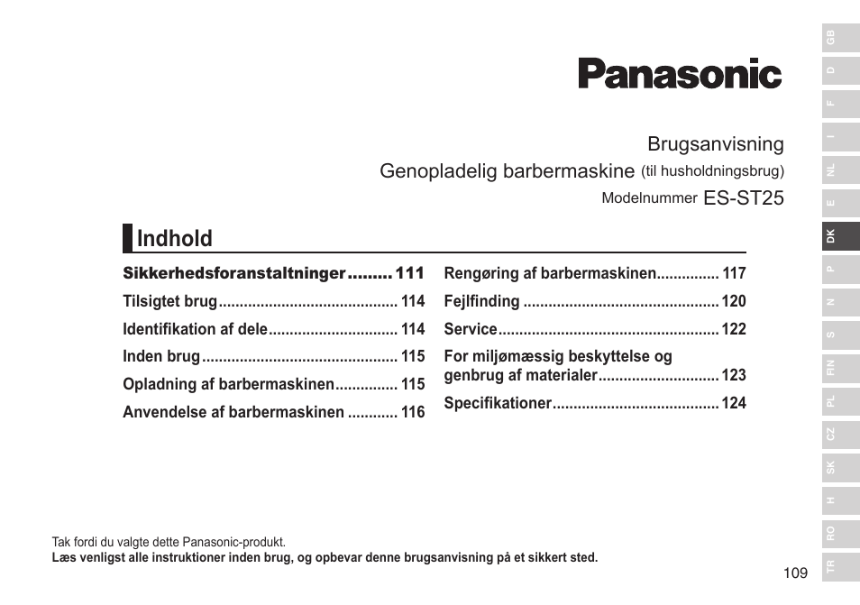 Indhold, Brugsanvisning genopladelig barbermaskine, Es-st25 | Panasonic ESST25 User Manual | Page 109 / 278
