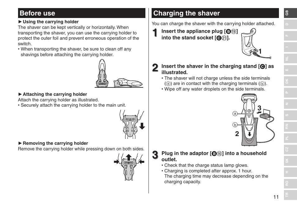 Charging the shaver, Before use | Panasonic ESST25 User Manual | Page 11 / 278