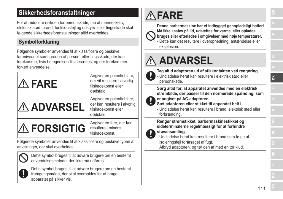 Fare, Advarsel, Forsigtig | Sikkerhedsforanstaltninger | Panasonic ESST25 User Manual | Page 111 / 278