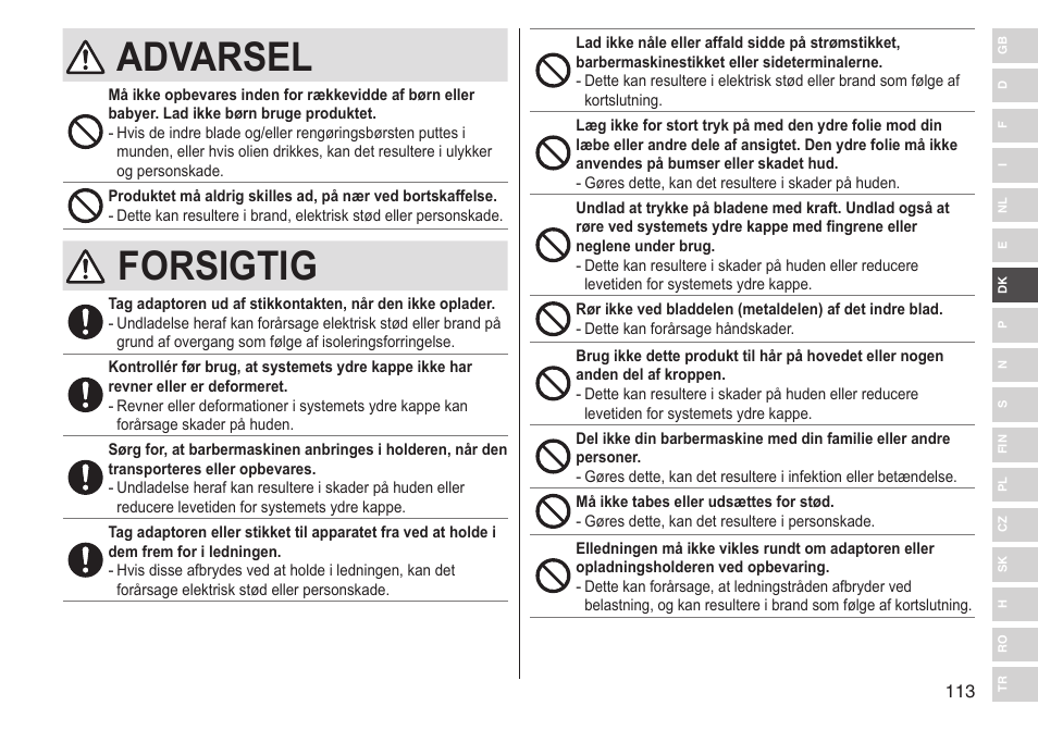 Advarsel, Forsigtig | Panasonic ESST25 User Manual | Page 113 / 278