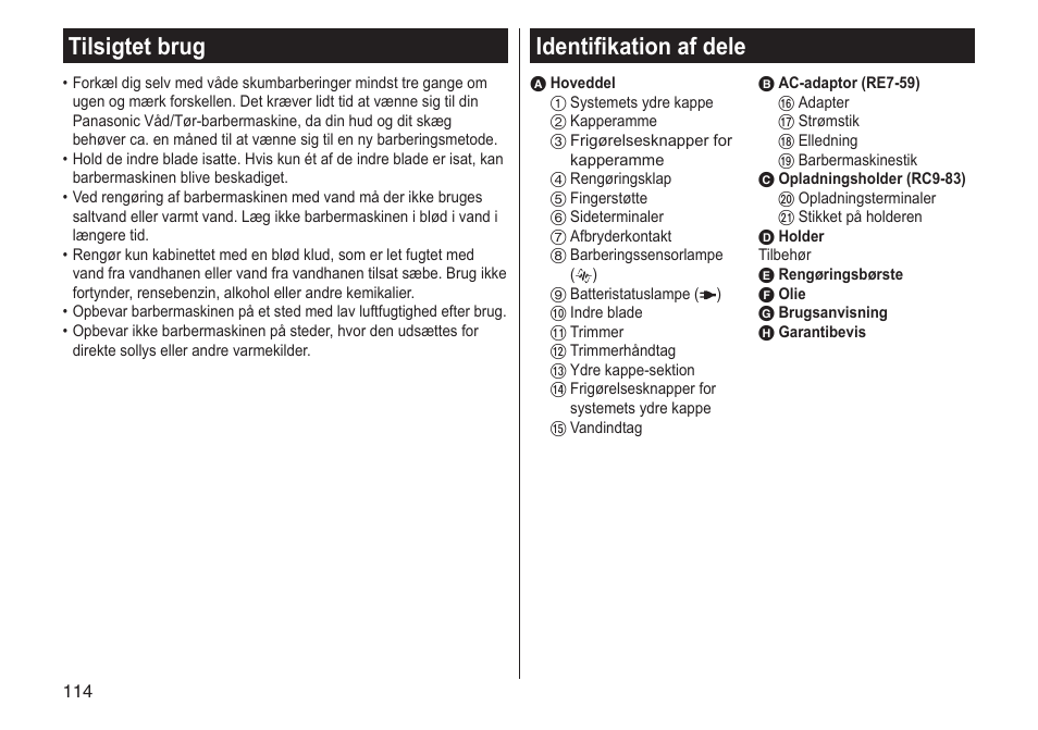 Tilsigtet brug, Identifikation af dele | Panasonic ESST25 User Manual | Page 114 / 278