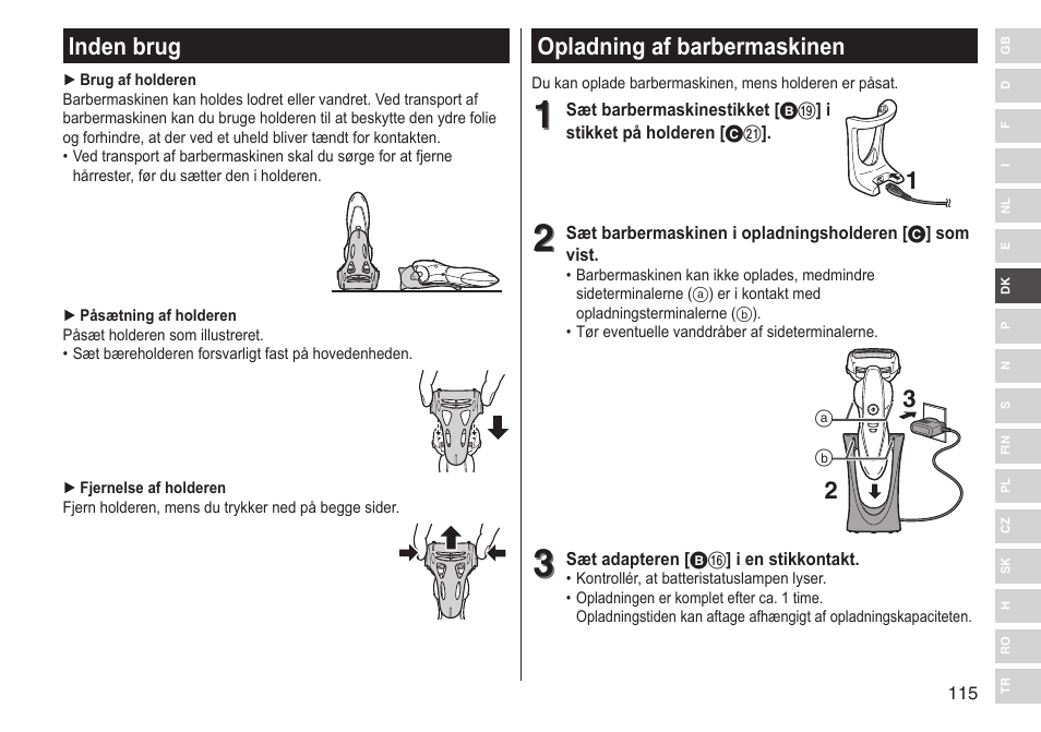 Opladning af barbermaskinen, Inden brug | Panasonic ESST25 User Manual | Page 115 / 278