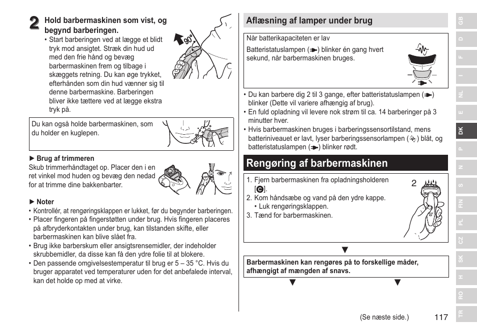 Rengøring af barbermaskinen, Aflæsning af lamper under brug | Panasonic ESST25 User Manual | Page 117 / 278