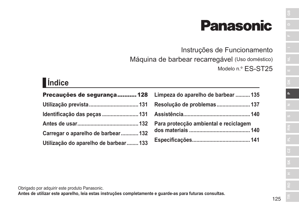 Índice, Es-st25 | Panasonic ESST25 User Manual | Page 125 / 278