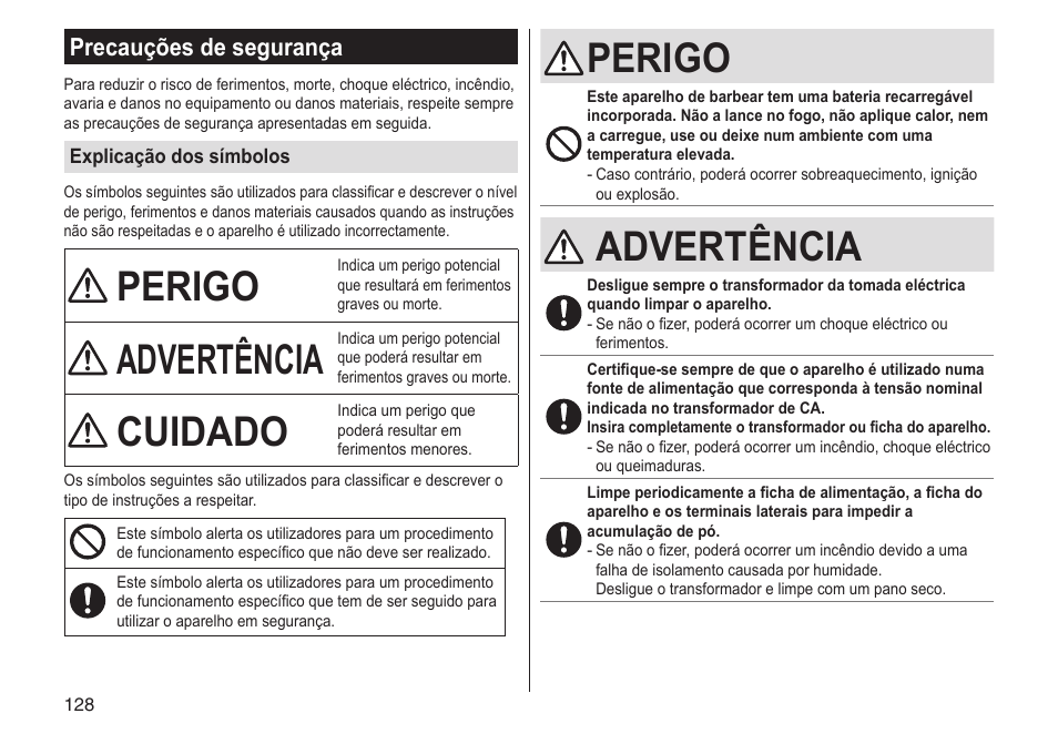 Perigo, Advertência, Cuidado | Precauções de segurança | Panasonic ESST25 User Manual | Page 128 / 278