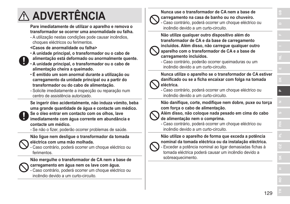 Advertência | Panasonic ESST25 User Manual | Page 129 / 278