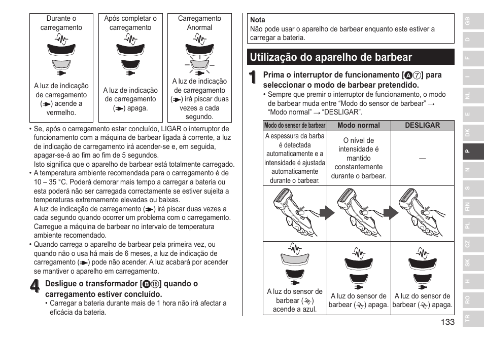 Utilização do aparelho de barbear | Panasonic ESST25 User Manual | Page 133 / 278