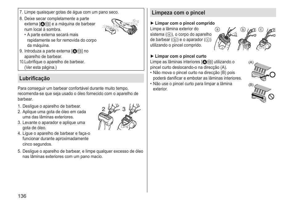 Limpeza com o pincel, Lubrificação | Panasonic ESST25 User Manual | Page 136 / 278