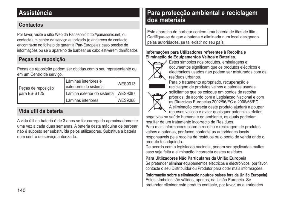 Assistência | Panasonic ESST25 User Manual | Page 140 / 278