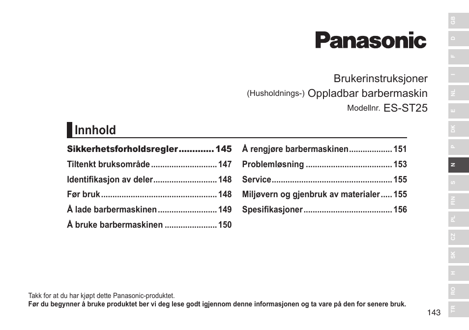 Innhold, Brukerinstruksjoner, Oppladbar barbermaskin | Es-st25 | Panasonic ESST25 User Manual | Page 143 / 278