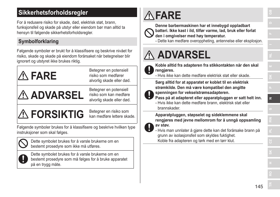 Fare, Advarsel, Forsiktig | Sikkerhetsforholdsregler | Panasonic ESST25 User Manual | Page 145 / 278