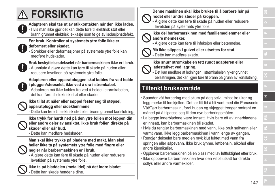 Forsiktig, Tiltenkt bruksområde | Panasonic ESST25 User Manual | Page 147 / 278