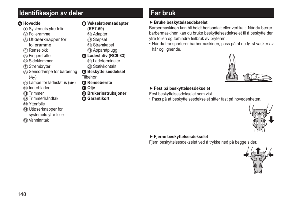 Identifikasjon av deler, Før bruk | Panasonic ESST25 User Manual | Page 148 / 278